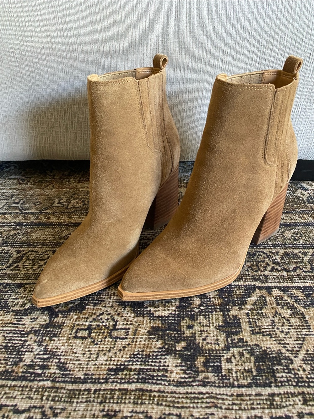 Women's Chestnut Suede Pointed-Toe Block Heel Ankle Boots by Marc Fisher
